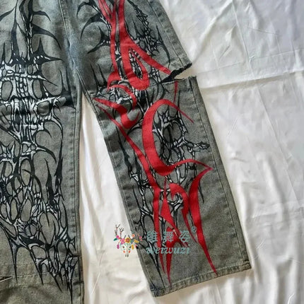 Jeans Y2K Hip Hop Strappati a Gamba Larga, Nuovi Pantaloni Baggy in Denim, Jeans da Donna Autunnali Retrò Harajuku Gothic con Stampa a Spuntoni, Cool Streetwear