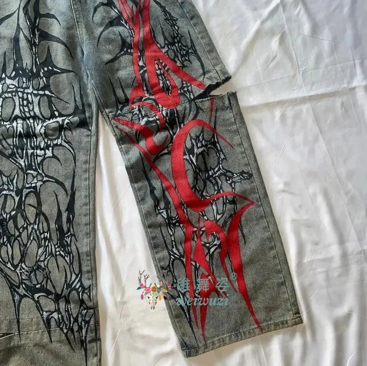 Jeans Y2K Hip Hop Strappati a Gamba Larga, Nuovi Pantaloni Baggy in Denim, Jeans da Donna Autunnali Retrò Harajuku Gothic con Stampa a Spuntoni, Cool Streetwear