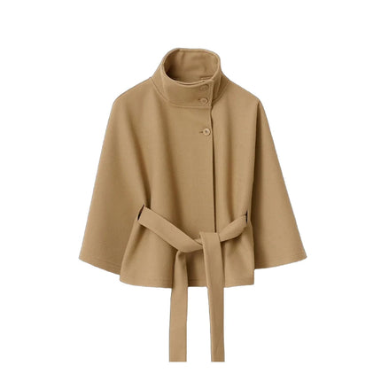 Faux Fur Cloak Jackets Women Loose Standneck Three Button Wide Sleeves Belt Coats Female 2026 Autumn Solid Chic Fashion Outwears