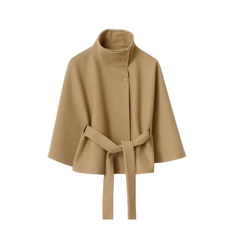 Faux Fur Cloak Jackets Women Loose Standneck Three Button Wide Sleeves Belt Coats Female 2026 Autumn Solid Chic Fashion Outwears
