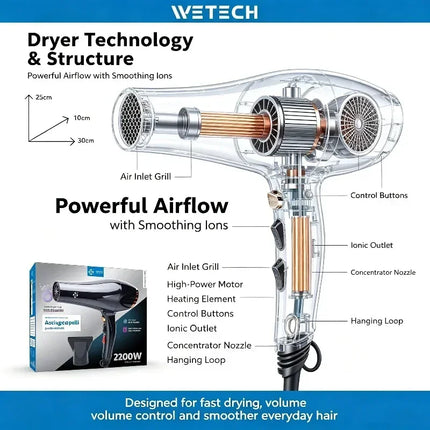 WETECH 2200W Professional Negative Ionic Hair Dryer Dual Voltage 100‑240V Adjustable Hot And Cool Wind Blow Dryer With Concentrator Nozzle Salon Home Hair Styling Tool
