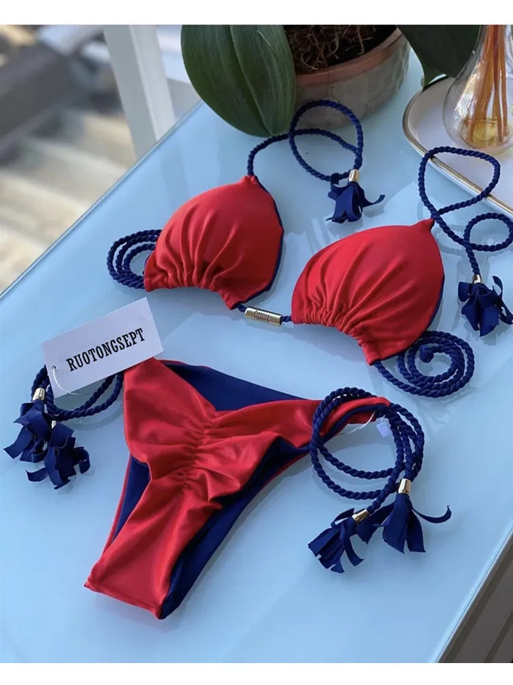Nuovo Bikini da Donna Multicolore con Triangolo e Laccetti sulla Schiena platinumshop
