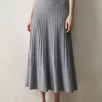 New Arrivals Women Cashmere A-line Skirt Elastic Waist Pleated Skirt 100% Cashmere Knitted Autumn Winter Thin Office Lady Dress PlatiNum
