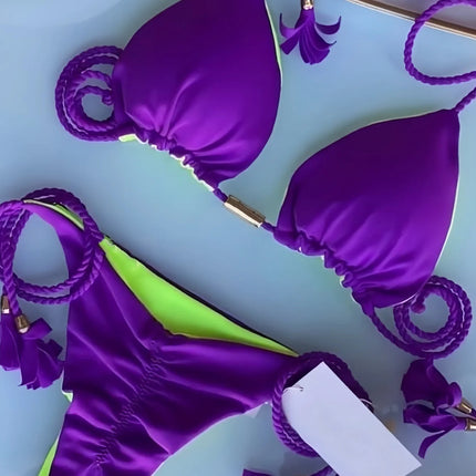 Costume da bagno sexy da donna in tinta unita, due pezzi, triangolare, con corda intrecciata, set bikini, costume da bagno da spiaggia, Biquinis brasiliani platinumshop