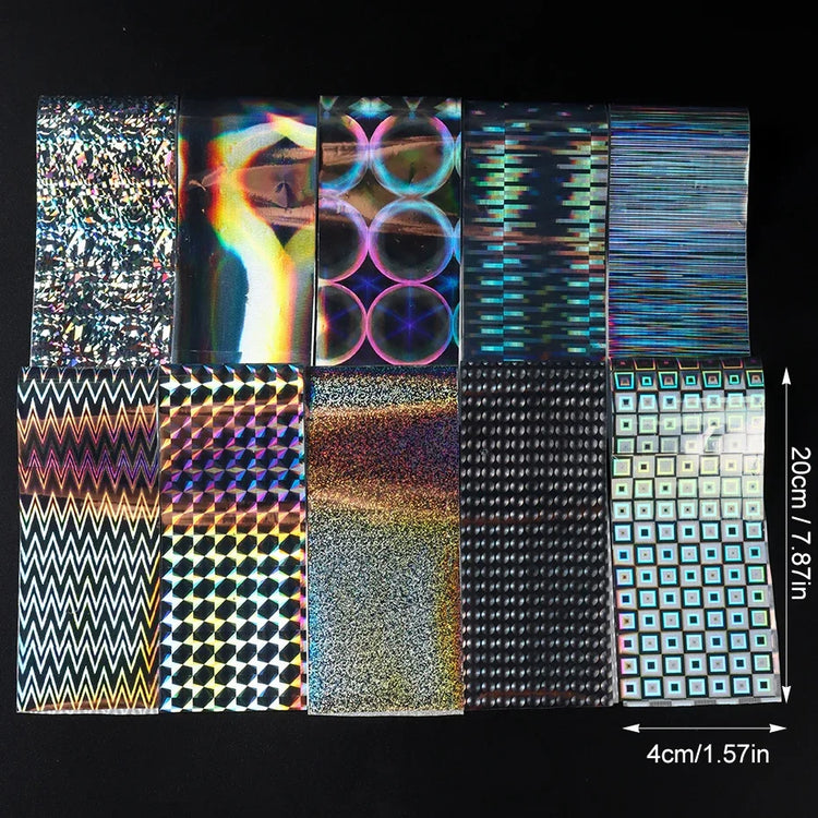 10pcs Holographic Chrome Silver Nail Art Foil Transfer Stickers Irridescent Rainbow Geometric Aurora Laser Nail Foils Decoration 2028