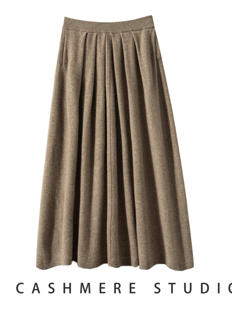 Women's Cashmere Umbrella Skirts Autumn Winter Basic Office Lady Classics 100% Cashmere Knitted A-Line High Waist Pockets Dress PlatiNum