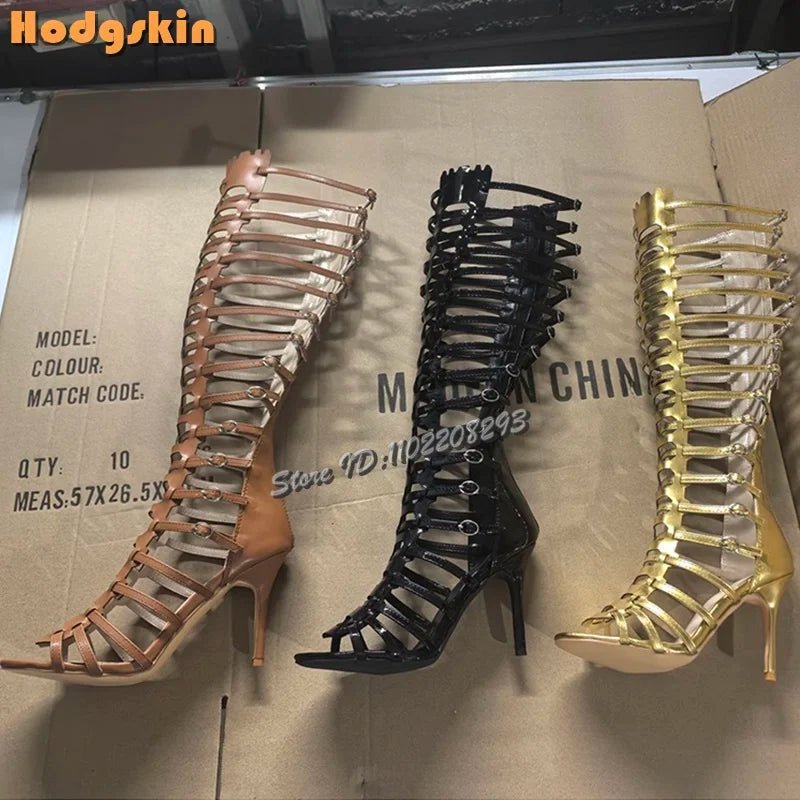 Retro Buckle Strap Roman Sandals Open Toe Back Zip Stiletto Knee-high Summer Boots 2026 New Fashion High Heeled Women Shoes
