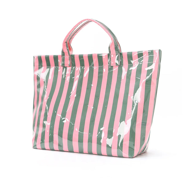 Striped PVC Tote Bag, Large Capacity Travel and Commuter Shoulder Bag | Lightweight Magnetic Bag with Inner Zip Pocket