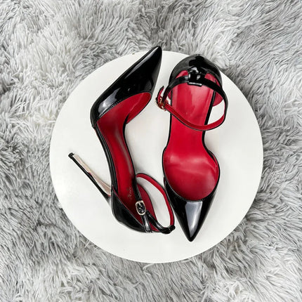 Black Patent Leather Women Ankle Strap Stiletto Pumps Pointed Toe Sexy High Heel Shoes 8cm 10cm 12cm Customize 33-46 PlatiNum