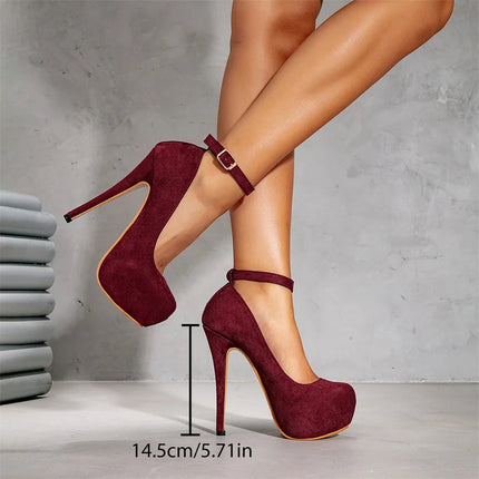 Big Size 36-47 Soft Flock Office Shoes Women Pumps 2026 Buckle Round Toe Super High Heels 14.5CM Sexy Platform Party Shoes Woman PlatiNum