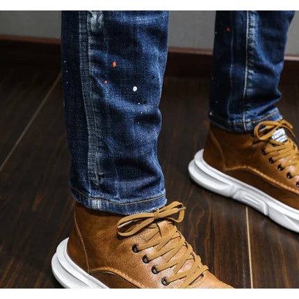 Fashion Designer Men Jeans Retro Blue Stretch Slim Fit Painted Ripped Jeans Men Korean Style Vintage Casual Denim Pants Hombre PlatiNum