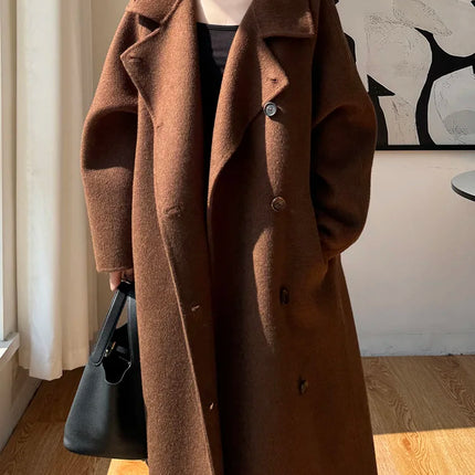 Korean Fashion Dark Gray Stand Collar 100%Wool Coat Women Long Winter Jacket