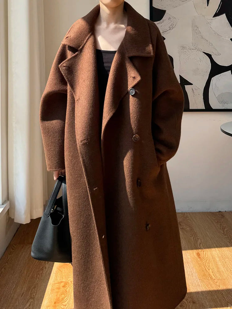 Korean Fashion Dark Gray Stand Collar 100%Wool Coat Women Long Winter Jacket
