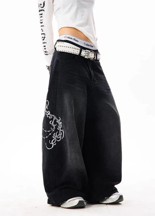 YIBASHU Donna Vintage Ricamo Y2K Jeans larghi Donna Vita alta 2000s Pantaloni in denim a gamba larga Pantaloni Harajuku retrò americani