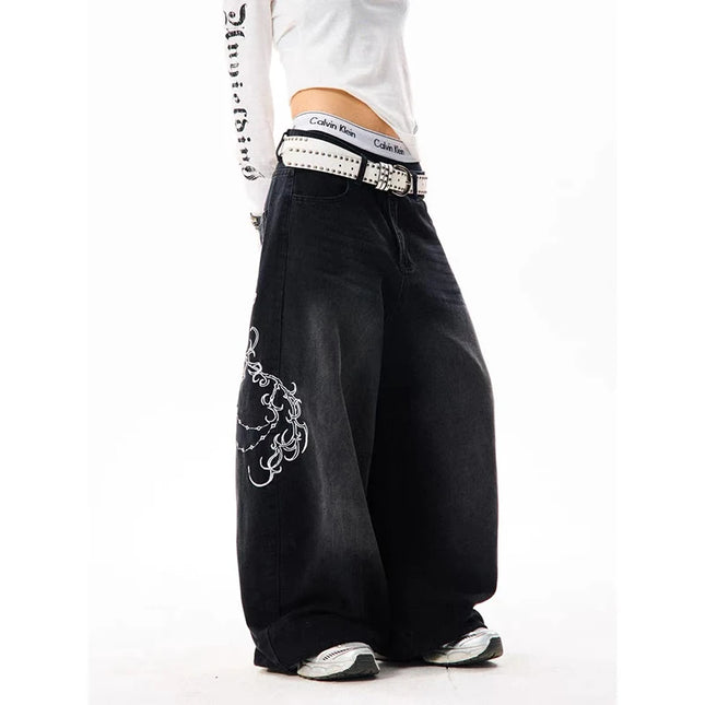 YIBASHU Women's Vintage Embroidery Y2K Loose Jeans Women's High Waisted 2000s Wide Leg Denim Pants American Retro Harajuku Trousers