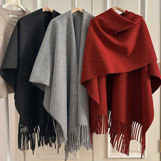 Women Split‑Open Woolen Tassel Poncho Shawl Thick Warm Cape Coat Autumn Winter Travel Photography Outer Wrap