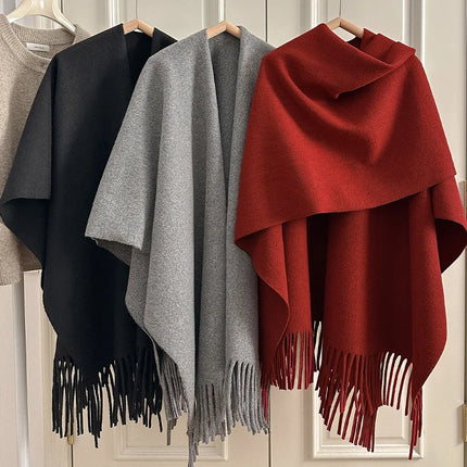 Women Split‑Open Woolen Tassel Poncho Shawl Thick Warm Cape Coat Autumn Winter Travel Photography Outer Wrap