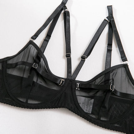 Sexy Black Mesh Lingerie Two Piece Sets Ultrathin See-through Hollow Out Bras And Panties Underwear Suit Erotic Intimate Suits