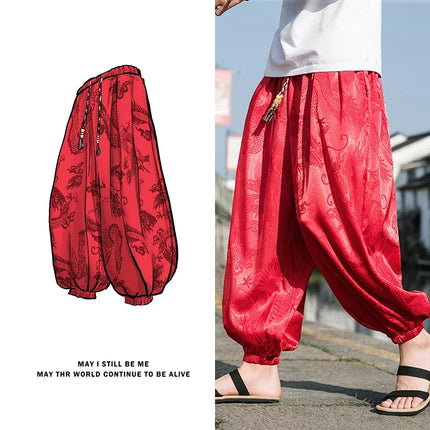 Vendite calde Pantaloni Da Uomo 2024 Nuovo Drago di Seta del Ghiaccio Fiore Scuro Bloomers Moda Allentata Gamba Larga Casual di Alta Qualità Pantaloni Maschili di Marca
