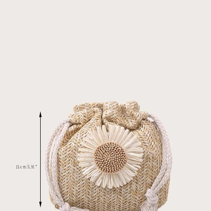 Lightweight woven straw drawstring bucket bag, with a sunflower pattern, ideal for beach holidays, for girls.