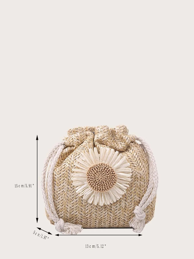 Lightweight woven straw drawstring bucket bag, with a sunflower pattern, ideal for beach holidays, for girls.