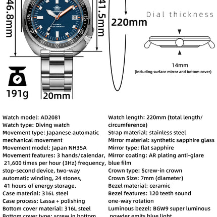 ADDIESDIVE 2025 NEW NH35A Automatic Mechanical Watches Watch For Man BGW9 Blue Luminous 20Bar Waterproof Sapphire Glass Japan