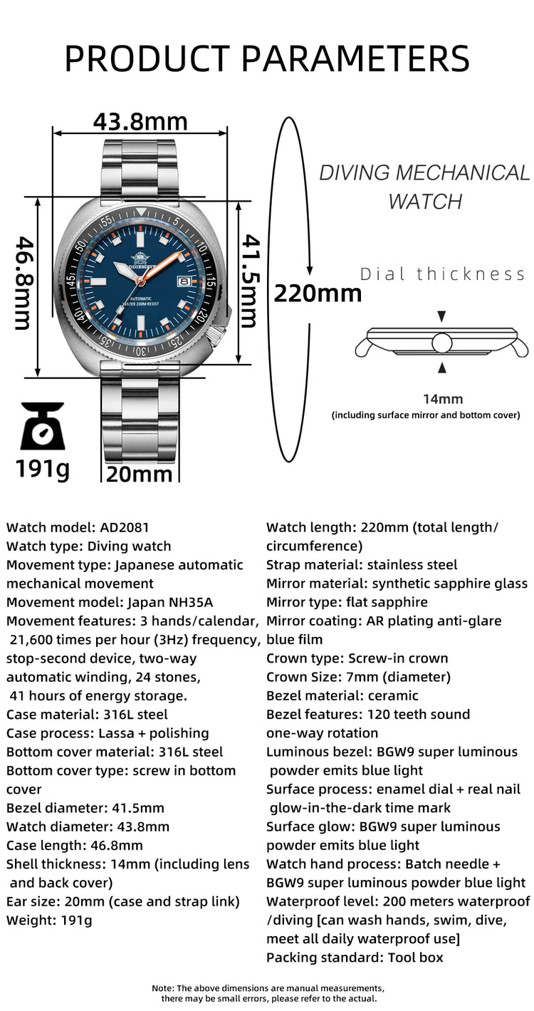 ADDIESDIVE 2025 NEW NH35A Automatic Mechanical Watches Watch For Man BGW9 Blue Luminous 20Bar Waterproof Sapphire Glass Japan