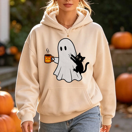 Ghost Black Cat Coffee Print Halloween Hoodie Spooky Season Graphic Pullover Women Fall Holiday Daily Wear Top Hoodies Women