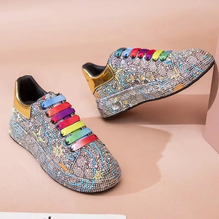 SyfIyno Spring Black Women Shoes New Style Fashion Platform Shoes Platforms Sneakers Shine Bling Graffiti Rhinestone Shoes