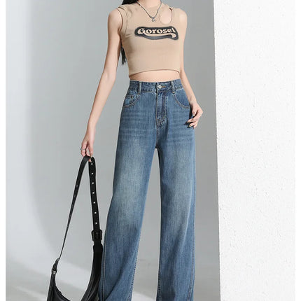 Jeans da donna in seta ghiaccio, nuovi, estivi 2026, in denim sottile e morbido, a gamba dritta e larga, modello baggy, versatili, blu ﻿