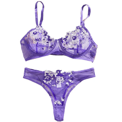 Embroidery Women's Transparent Mesh Underwear Two-piece Bra And Panties Sets