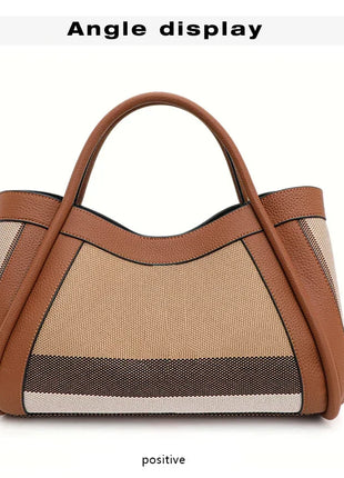 Borsa Tote in Tessuto a Righe con Bordi in Ecopelle, Manico Largo, Borsa a Spalla Grande per Uso Quotidiano e Pendolarismo