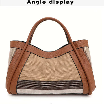 Borsa Tote in Tessuto a Righe con Bordi in Ecopelle, Manico Largo, Borsa a Spalla Grande per Uso Quotidiano e Pendolarismo