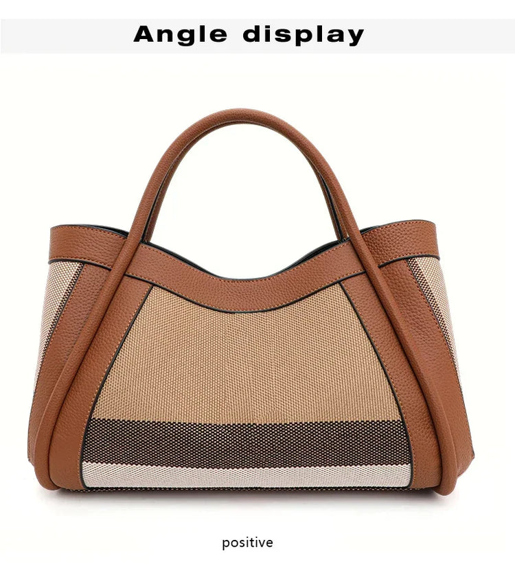 Borsa Tote in Tessuto a Righe con Bordi in Ecopelle, Manico Largo, Borsa a Spalla Grande per Uso Quotidiano e Pendolarismo