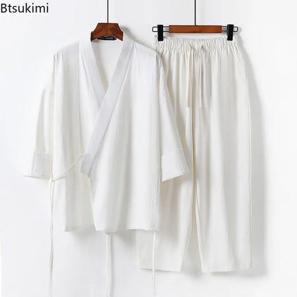 2025 Men's Summer Cotton Linen Two Pieces Chinese Style Lace Up Kimono Tops+Pants Casual Suit Male Vintage Hanfu Tang Suit M-9XL PlatiNum
