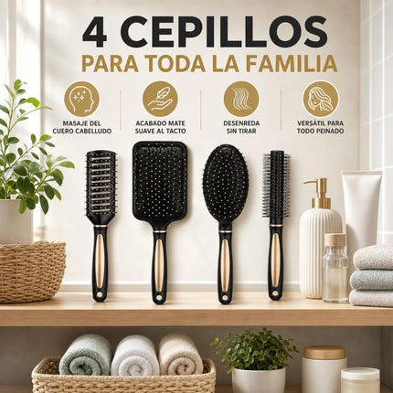 Set of 4 Professional Hair Brushes in Black and Gold, Hairdressing Kit with Paddle, Round, Oval and Ventilated Brushes for Detangling and Styling All Hair Types