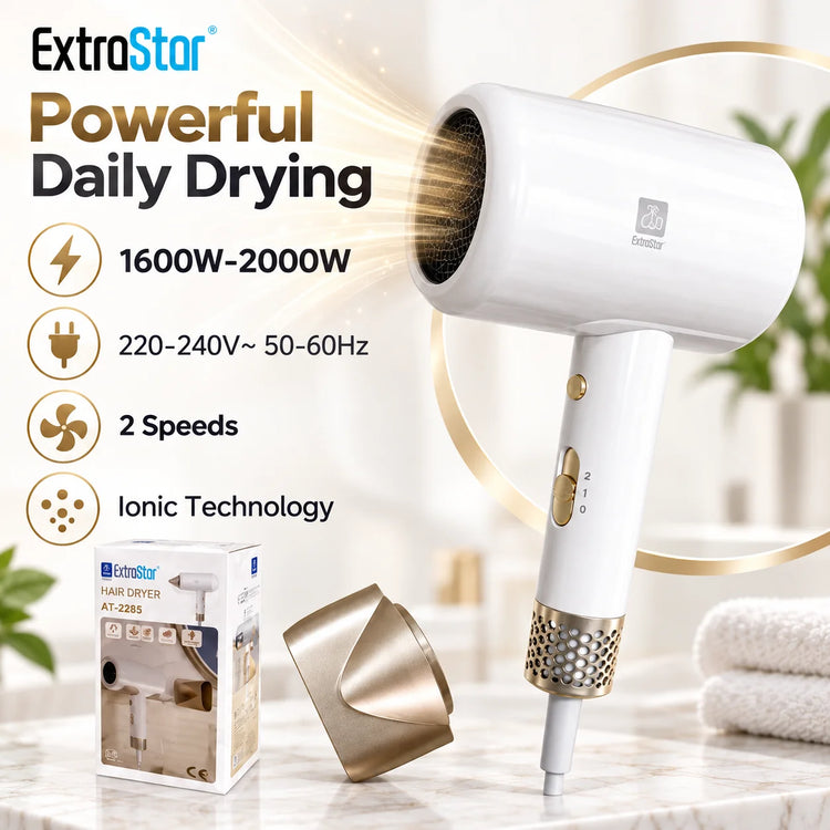 ExtraStar AT-2285 Ionic Hair Dryer 1600W-2000W 220-240V 2 Speed Hair Blower with Concentrator Nozzle 1.8m Cord