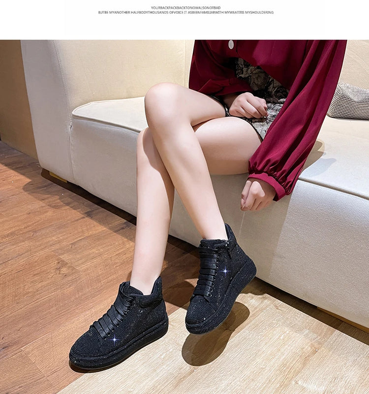 Designer Platform Sneakers Full Diamond Luxury Shoes Versatile Flat Bottom High-top Casual Skateboard Shoes Zapatos De Mujer
