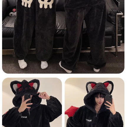Cartoon Devil Pajamas Couples Women Men Onesie Sleepwear Winter Thicken Hooded Loungewear Coral Fleece Homewear Pijama Disfraz