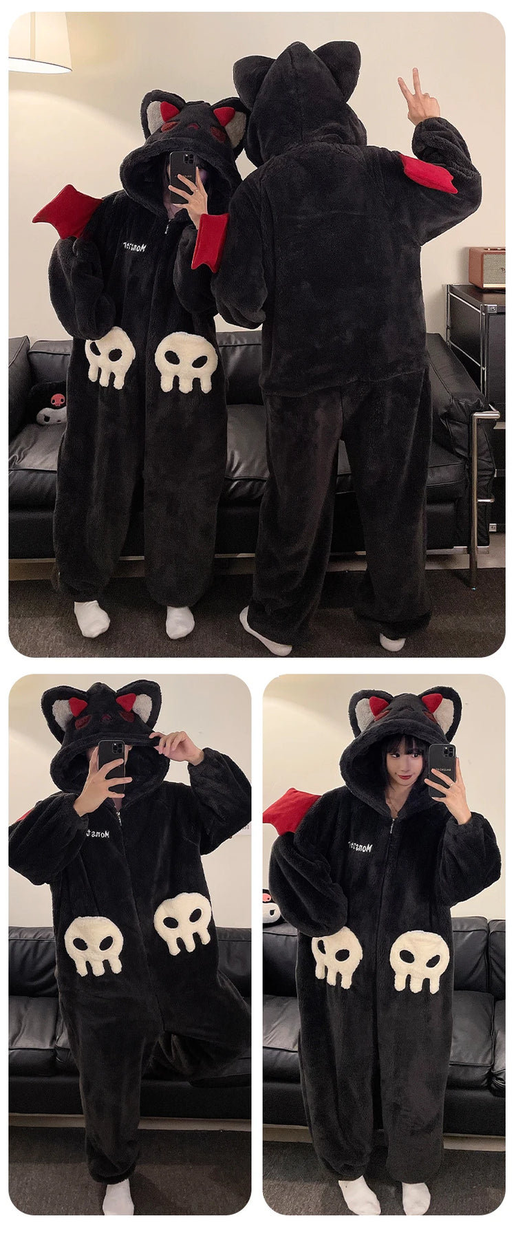 Cartoon Devil Pajamas Couples Women Men Onesie Sleepwear Winter Thicken Hooded Loungewear Coral Fleece Homewear Pijama Disfraz