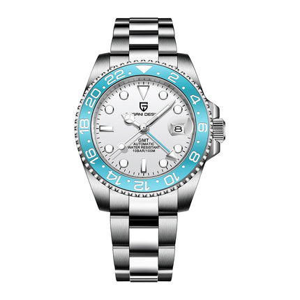 TOP PAGANI DESIGN PD1662 GMT Orologio meccanico automatico da uomo Cinturino in acciaio inossidabile Anello in ceramica blu Quadrante bianco Resistente all'acqua fino a 100 m Orologi da polso sportivi da uomo luminosi per uom