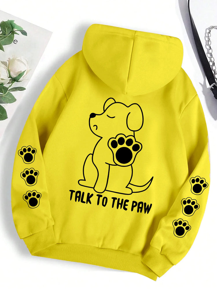 Talk To The Paw Funny Dog Cartoon Print Hoodie Women Warm Fleece Hoody Fashion Casual Hooded Autumn Loose Round Neck Woman Tops