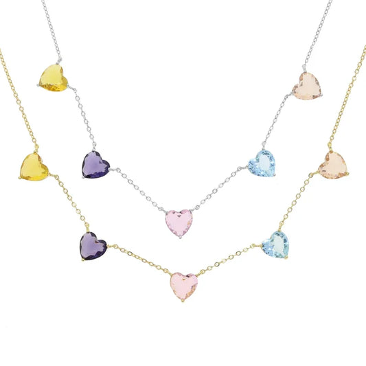 Collana girocollo da donna colorata pastello con 5 pietre portafortuna a forma di cuore grande