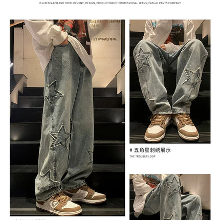 New Fashion Stella a cinque punte Jeans Uomo a vita alta Vintage Streetwear Pantaloni da uomo Baggy Inverno Jeans a gamba larga Denim Abbigliamento uomo