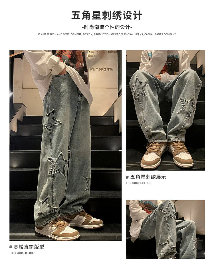 New Fashion Stella a cinque punte Jeans Uomo a vita alta Vintage Streetwear Pantaloni da uomo Baggy Inverno Jeans a gamba larga Denim Abbigliamento uomo