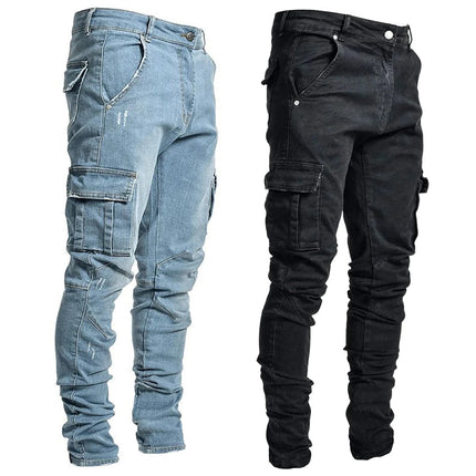 Street Elastic Jeans Men Denim Cargo Pants Wash Solid Color Multi Pockets Casual Mid Waist Trousers Slim Fit Daily Wear Joggers PlatiNum