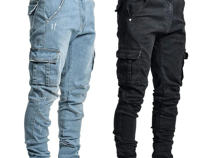 Street Elastic Jeans Men Denim Cargo Pants Wash Solid Color Multi Pockets Casual Mid Waist Trousers Slim Fit Daily Wear Joggers PlatiNum