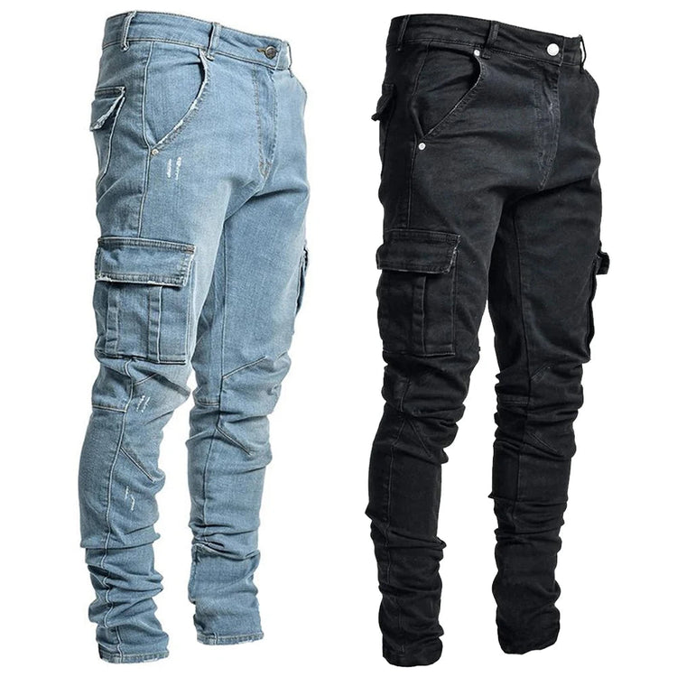 Street Elastic Jeans Men Denim Cargo Pants Wash Solid Color Multi Pockets Casual Mid Waist Trousers Slim Fit Daily Wear Joggers PlatiNum