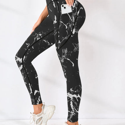 Printed women's high waistband pocket fitness pants paired with tight abdominal yoga pants, suitable for running, hiking, and sp PlatiNum