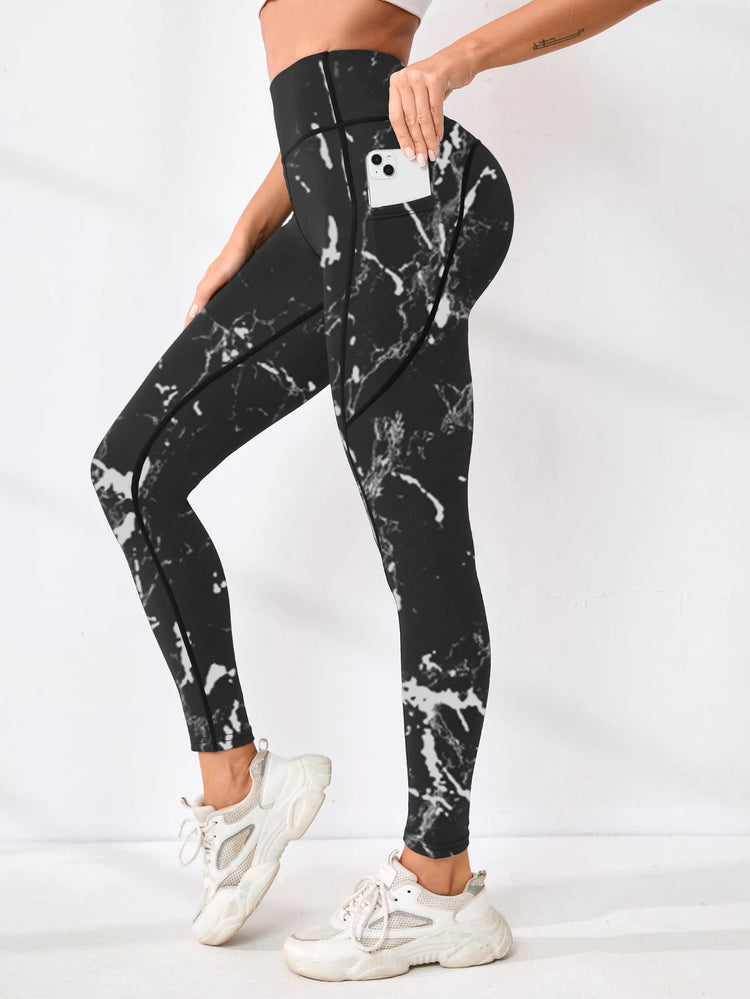 Printed women's high waistband pocket fitness pants paired with tight abdominal yoga pants, suitable for running, hiking, and sp PlatiNum